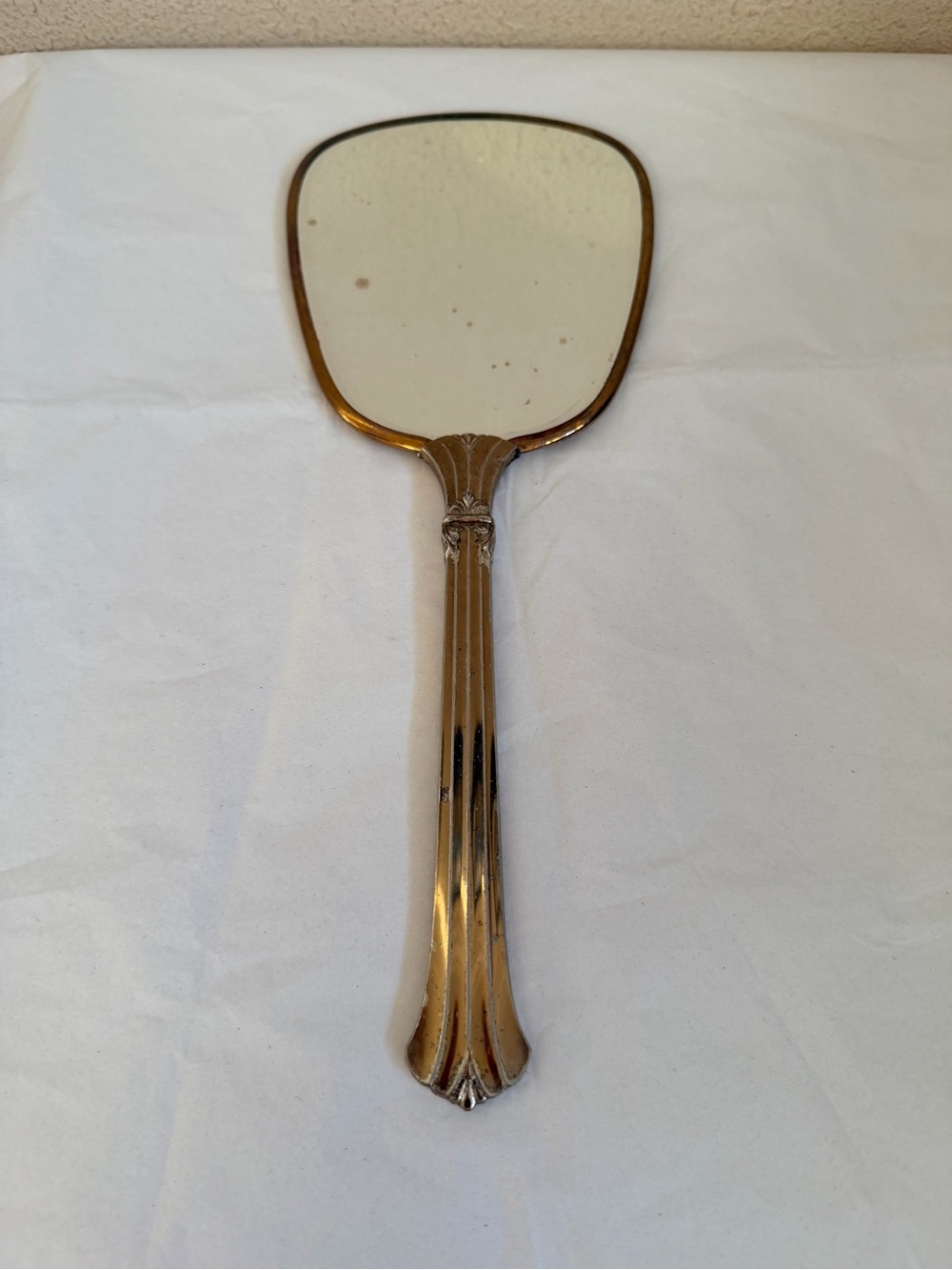 Vintage Art Deco Hand Mirror Floral Vanity Mirror Gold Wash Wear Patina 13”
